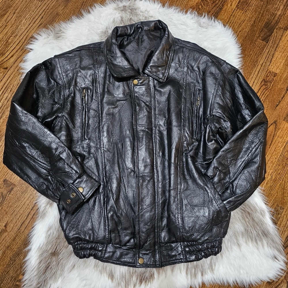 Vintage Genuine Leather Bomber Jacket Men Patchwork Black Unbranded M